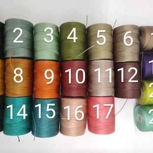 Peut inclure: Vingt et un bobines de fil de diff&eacute;rentes couleurs, num&eacute;rot&eacute;es de 1 &agrave; 21. Les bobines sont dispos&eacute;es en trois rang&eacute;es.