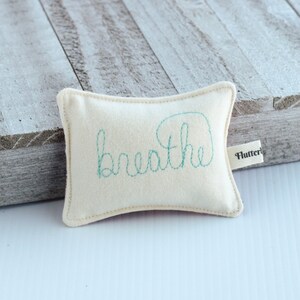 May include: A small, off-white pillow with the word "breathe" embroidered in teal blue thread. The pillow has a small tag that says "Flutter" on it.