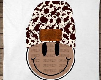 3 Preppy PNG Original Designer Cow Beanie Smile Face Western Digital Download PNG Sublimation  Elbow Patches Trendy Shirt add Logo Name