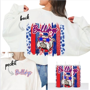 Preppy Bulldog PNG Red and Blue Star Eye Sunglass Bulldog High School Mascot Design Sublimation College University Team Trendy Shirt Design
