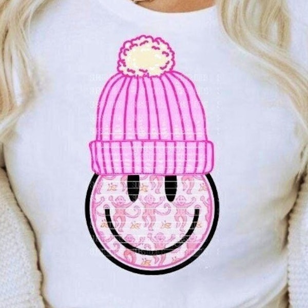 3 Preppy PNG Pink Beanie Smile Face  Preppy Monkey Pattern Smiley Face  Digital Download PNG SVG Sublimation Cute Teen Shirt Girl Gift