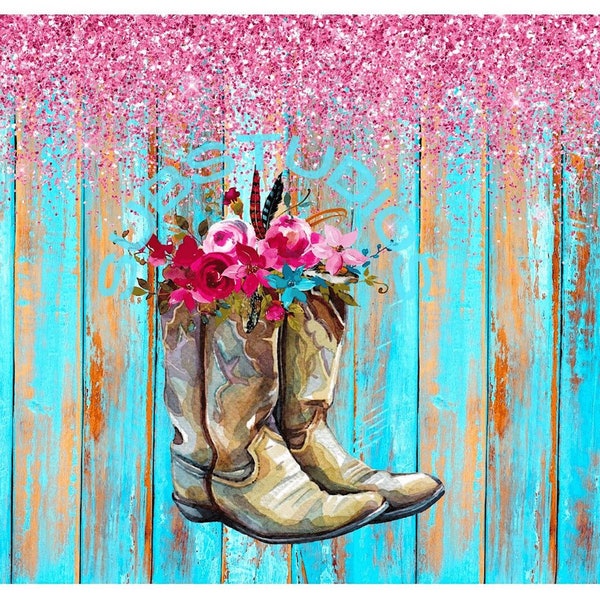 2 Cowgirl boots Brown boots with flowers pink glitter and wooden background PNG Sublimation tumbler wrap for  Digital Download design image