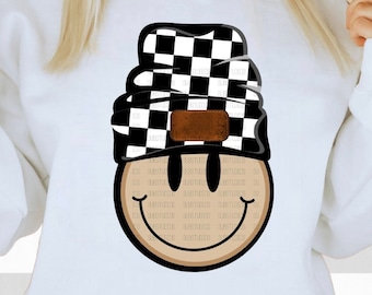 Preppy PNG Baby Black and White Checkered Beanie Smile Face Digital Download PNG SVG Sublimation Personalize With Name Mom Mini Happy Face