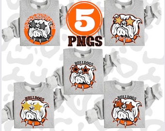 5 Preppy Orange Bulldog PNG Gold Star Eye Bulldog High School Mascot Sublimation College University Trendy Game Day Team Shirt Bundle