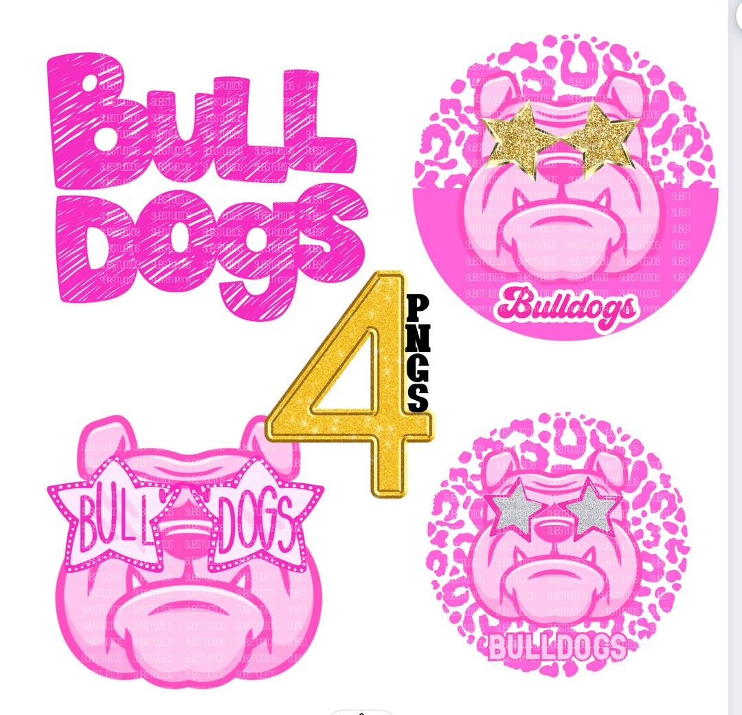 4 Preppy Pink Bulldog PNG Gold Star Eye Bulldog High School Mascot Design for Sublimation