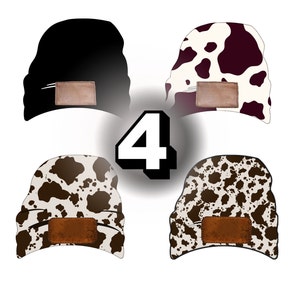 May include: Four beanie hats, two with a cow print pattern and two with a solid black color. Each hat has a brown leather patch on the front.