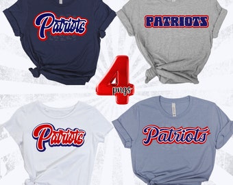 May include: Four different t-shirts with the word "Patriots" in various styles and colors. The shirts are navy blue, gray, white, and light blue.