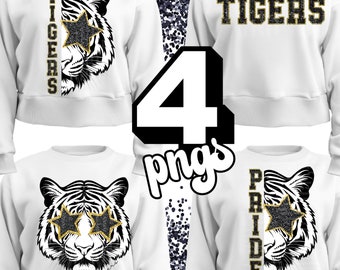 Preppy Black Tiger PNG  With Sunglasses Star Eye High Tiger Word Black Glitter Tiger Word Sublimation Spirit Shirt