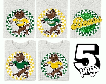 5 PNG Preppy Green and Yellow Bear Mascot Full Body Png Digital Download Sublimation High School Bears College University Glitter Circular
