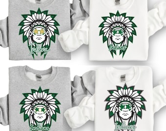 Preppy Green Indian PNG, Gold Star Eye Indian High School Mascot Design for Sublimation College University Trendy Game Day Team Shirt Bundle