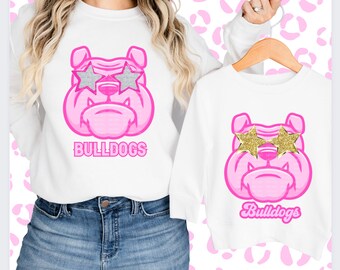 4 Preppy Pink Bulldog Puppy PNG Gold Star Eye Bulldog High School Mascot Design for Sublimation College University Trendy Shirt