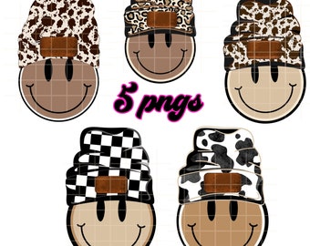 5 Preppy PNG Original Designer Cow Beanie Smile Face Western Digital Download PNG SVG Sublimation   Trendy Shirt add Logo Name