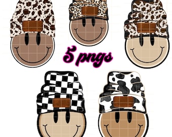 5 Preppy PNG Original Designer Cow Beanie Smile Face Western Digital Download PNG SVG Sublimation   Trendy Shirt add Logo Name