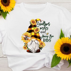 6 Gnomes with Yellow Buffalo Plaid Hat, Bees , Sunflower Wishes and Honey Bee Kisses, Sublimation Digital Download Design PNG Shirt BUNDLE image 2