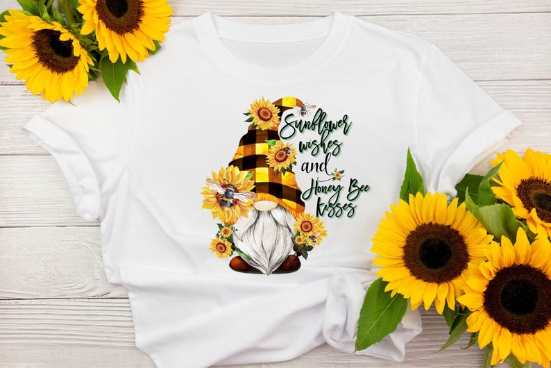 6 Gnomes with Yellow Buffalo Plaid Hat, Bees , Sunflower Wishes and Honey Bee Kisses, Sublimation Digital Download Design PNG Shirt BUNDLE image 2