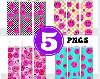 5 Preppy Tumbler Wrap PNG, Pink Smiley Face Wrap PNG , SVG  Preppy Sublimation Design, Trendy Tumbler Wrap Preppy png design file