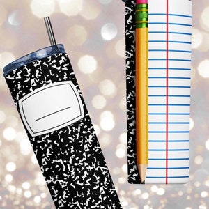 Png schwarzes zusammengesetztes Notizbuch PNG Lehrer Tumbler Wrap Sublimation Digital Design Bilddatei Personalisieren Notebook Papier Bleistift Wrap