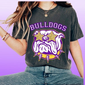 5 Preppy Purple Yellow Bulldog PNG Gold Star Eye Bulldog High School Mascot Sublimation College University Trendy Game Day Team Shirt Bundle