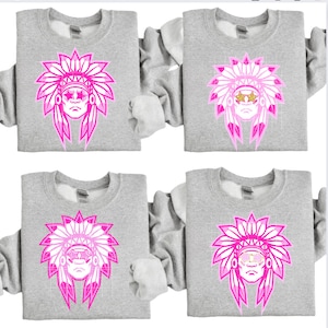 4 Pink Preppy Indians PNG, Gold Star Eye Indians High School Mascot Design Sublimation Design College University Trendy Game Day Team Shirt