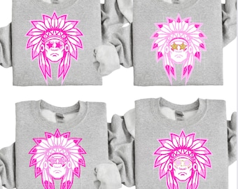 4 Pink Preppy Indians PNG, Gold Star Eye Indians High School Mascot Design Sublimation Design College University Trendy Game Day Team Shirt