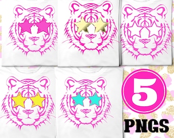 5 Preppy Pink cat Sunglasses Star Eye,  High School Mascot Sublimation Design Trendy Game Team Shirt Bundle dtf
