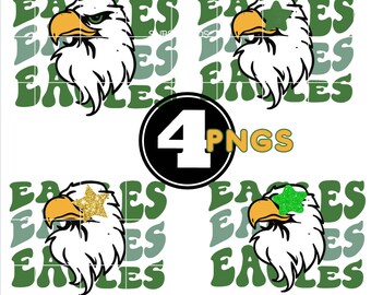 Preppy Mascot Green Eagles  PNG with Star Eye Digital Design Download Sublimation Shirts Tumbler wrap  DTF Eagles School Mascot Word Text
