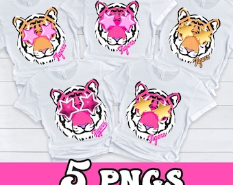 5 Preppy Pink  Cat  Leopard Star Eye,  Sublimation Design Trendy  Shirt Bundle