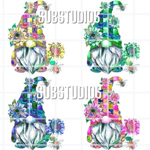 5 imágenes PNG Envoltura de vaso, llavero, bolsos, camisetas, diseño de descarga digital de gnomo de girasol para sublimación amarillo verde azul rosa