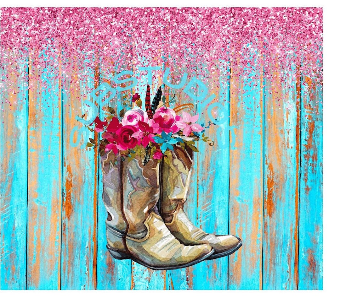 2 Cowgirl Boots Brown Boots With Flowers Pink Glitter and Wooden