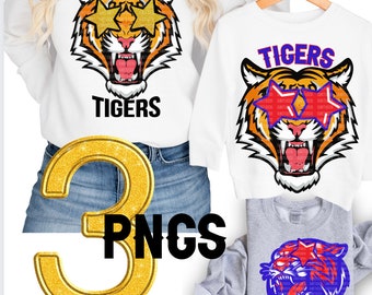 Preppy Blue Red Tiger Gold Star Eye, Tiger High School Mascot Sublimation Design Trendy Game Day Team Bundle