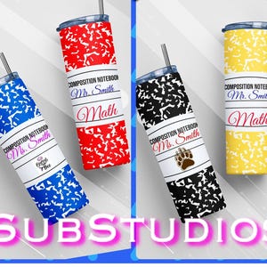 4 Lehrer Tumbler Wraps PNG für Sublimation, zusammengesetzte Notebook PNG SVG, personalisieren Label für Schullehrer Geschenk Blau, Rot, Gelb, Schwarz