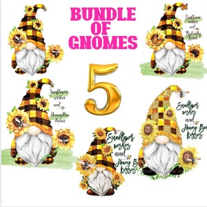 6 Gnomes with Yellow Buffalo Plaid Hat, Bees , Sunflower Wishes and Honey Bee Kisses, Sublimation Digital Download Design PNG Shirt BUNDLE image 1