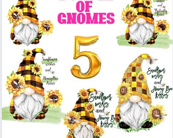 6 Gnomes with Yellow Buffalo Plaid Hat, Bees , Sunflower Wishes and Honey Bee Kisses,  Sublimation Digital Download Design PNG Shirt BUNDLE