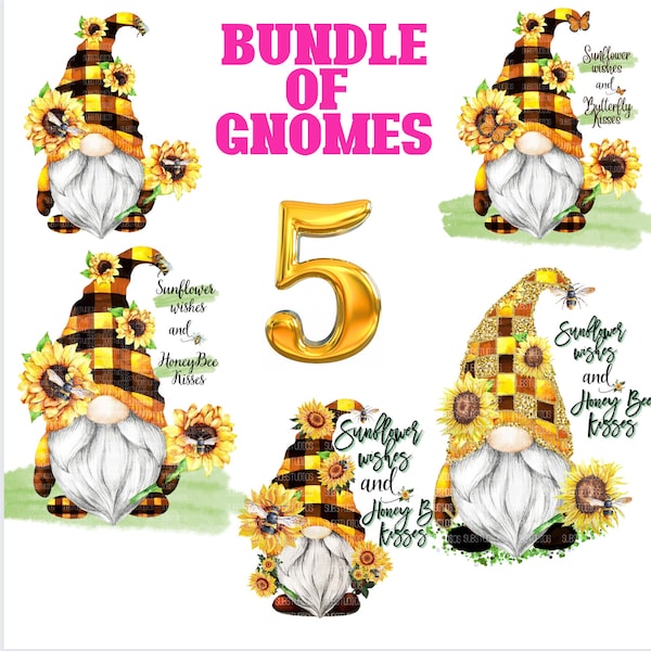 6 Gnomes with Yellow Buffalo Plaid Hat, Bees , Sunflower Wishes and Honey Bee Kisses,  Sublimation Digital Download Design PNG Shirt BUNDLE