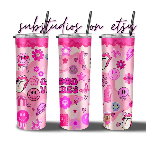 Pink Preppy Tumbler Wrap PNG   Design Tumbler Wrap straight 20oz Smiley Face Leopard Teen Girl Trendy Digital Download Design File