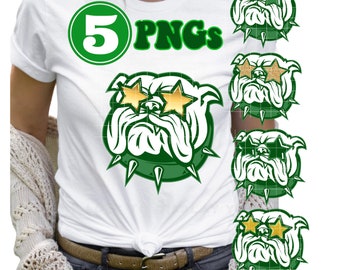 5 Preppy Green Bulldog PNG Gold Star Eye Bulldog High School Mascot for Sublimation College University Trendy Game Day Team Shirt Bundle