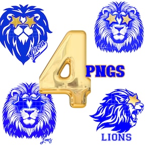 5 PNG Preppy Blue Lions Gold Star Eye, Lion High School Mascot Design Sublimation Design College University Trendy Game Day Team Bundle