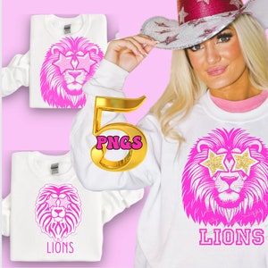 4 PNG Preppy Pink Lions  School Mascot With Star Eyes svg Png Digital Download Sublimation University High School Mascot College University