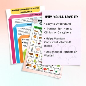 May include: A colorful chart with the title "Important Information for Patients Taking Warfarin". The chart lists foods high in Vitamin K, moderate in Vitamin K, and low in Vitamin K. The chart also includes a section titled "Why You'll Love It" with bullet points describing the benefits of using the chart.