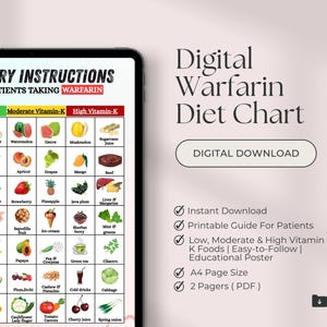 以下が含まれることがあります： ワルファリンを服用している患者向けの食事療法に関するデジタル印刷可能なチャート。このチャートは、ビタミンKの含有量に基づいて、低、中、高に分類された食品をリストしています。このチャートのタイトルは「ワルファリンを服用している患者向けの食事療法に関する指示」です。