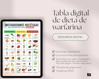 Warfarin Diet Chart In Spanish, Vitamin K Food List, INR-Friendly Diet Guide Anticoagulant Patient Planner, PDF Instant Download, Food Chart