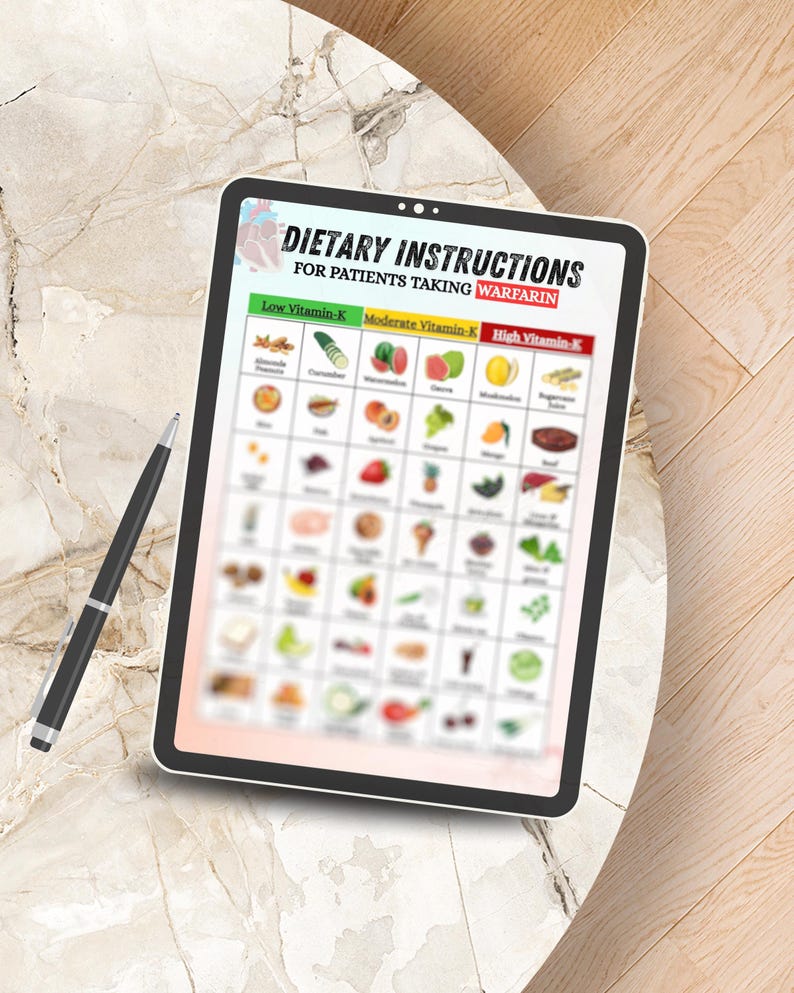 May include: A digital tablet displaying a chart of foods categorized by their vitamin K content. The chart is titled "Dietary Instructions for Patients Taking Warfarin". The chart lists foods in three categories: Low Vitamin-K, Moderate Vitamin-K, and High Vitamin-K.