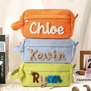Custom Yarn Name Pencil Case, Corduroy Pouch for Girl Kids Gift, Monogram Pencil Bag, Makeup Bag with Name, Girls School Supplies Bag Gifts