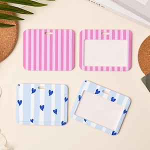 Customized Pink Stripe Badge Holder, Slide Closure ID Holder, Add on for Lanyard, Durable and Stylish ID Badge Case, ID Card Protector Gift