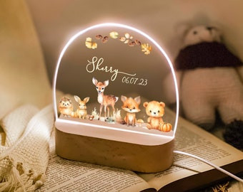 Veilleuse personnalisée pour bébé, lampe de nuit animal avec nom, lampe de nuit dans les bois, cadeau nouveau-né, cadeaux d'anniversaire de Noël, cadeau pour tout-petit