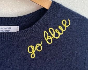 Personalized Embroidered Cashmere School Spirit Shirt, College Clothing Sweater, Chainstitch Embroidery Sweater, Game Day Tailgate Apparel