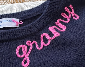 Customized Cashmere Sweater, Embroidered Cashmere Clothing for Women, Chainstitch Embroidery Funny Shirt, Trendy Crewneck, Quote  Word Shirt