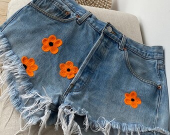 Embroidered Shorts Vintage Levi 501 Cutoff Shorts Jeans Frayed, Authentic, size 32, Orange Flowers and Dark Navy Embroidered Daisy Dukes