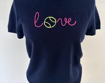 Tennis Theme Short Sleeve Cashmere Tee, Chainstitch Embroidered Crewneck,  Love with Tennis Ball