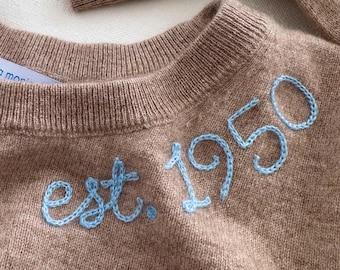 Personalized Year Cashmere Sweater: Chainstitch Embroidered Birthday Gift, Crewneck Clothing for Women.